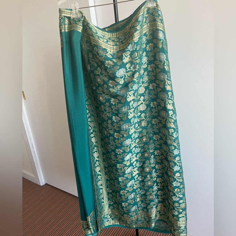 100% Silk Crepe Georgette Saree Banarasi thread work emerald green turquoise